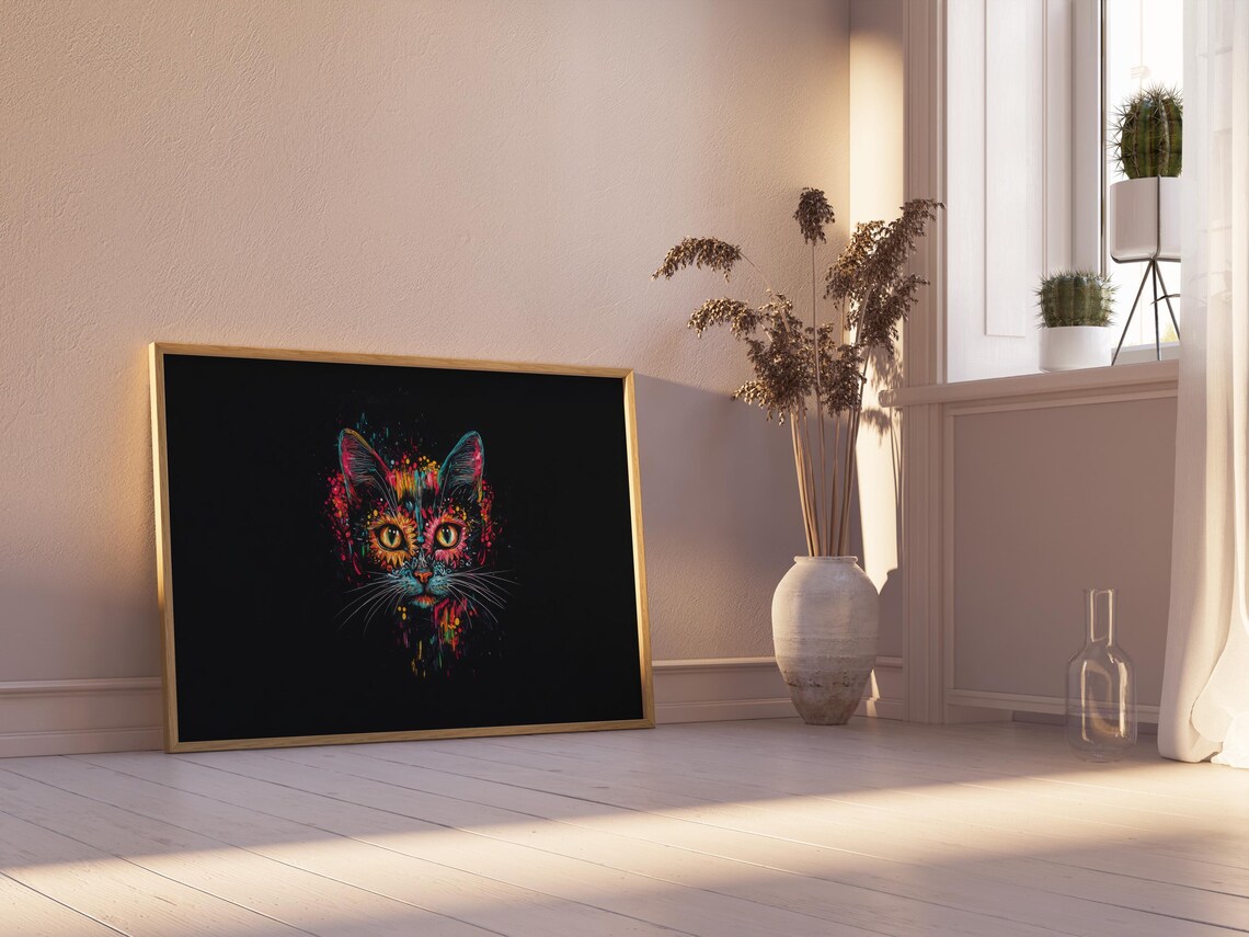Small Neon Splatter Floral Cat Face Yellow Eyes Black Background Poster - Image 2