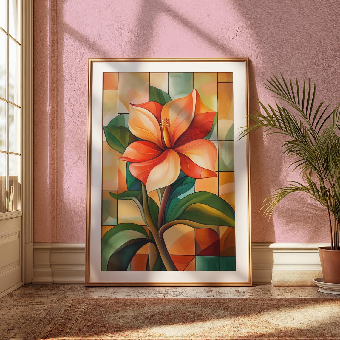 Coral Hibiscus Bloom Stained Glass Grid Orange Floral Poster - Image 2