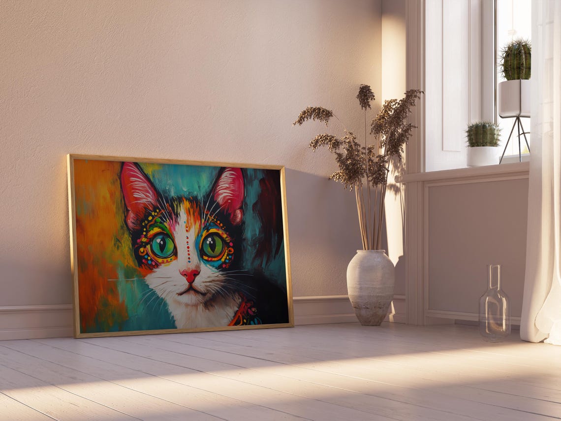Mexican Folk Art Cat Big Green Eyes Dotted Decorative Face Poster - Image 2