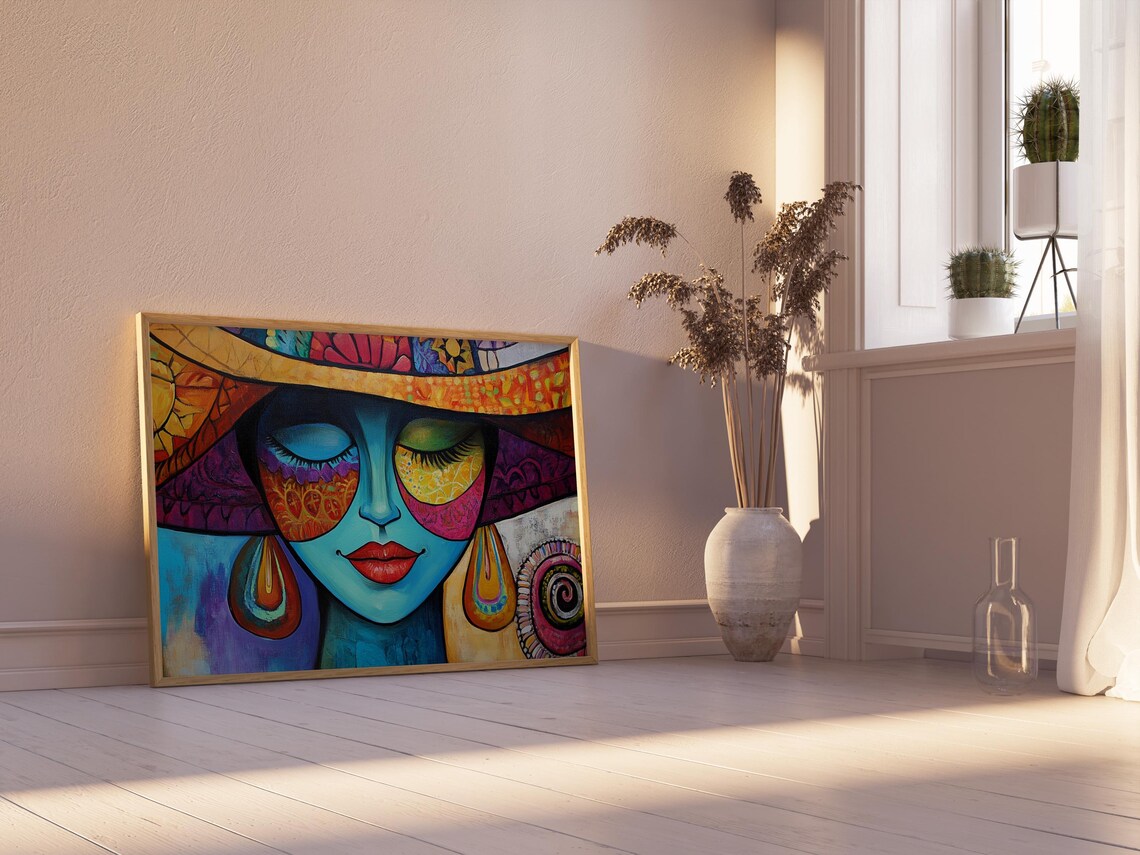 Mexican Woman Portrait Sombrero Colorful Blue Face Art Print - Image 2