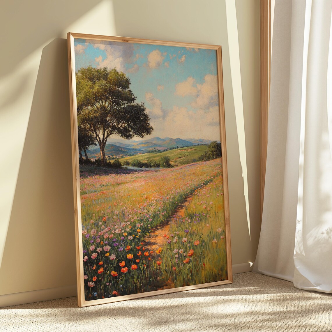 Wildflower Meadow Winding Path Big Tree Rolling Hills Pastel Art Poster - Image 4