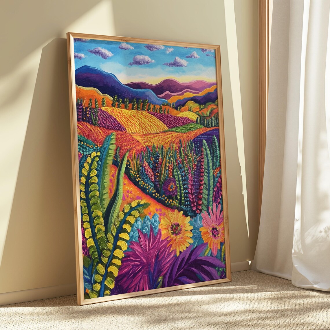 Vibrant Wildflower Meadow Purple Mountains Rolling Hills Folk Art Landscape Poster - Image 5