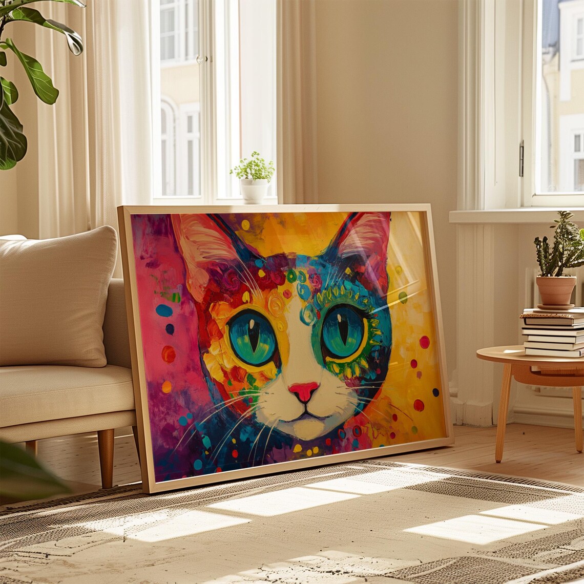 Boho Folk Art Cat Face Big Teal Eyes Flower Patterns Colorful Cat Poster - Image 4