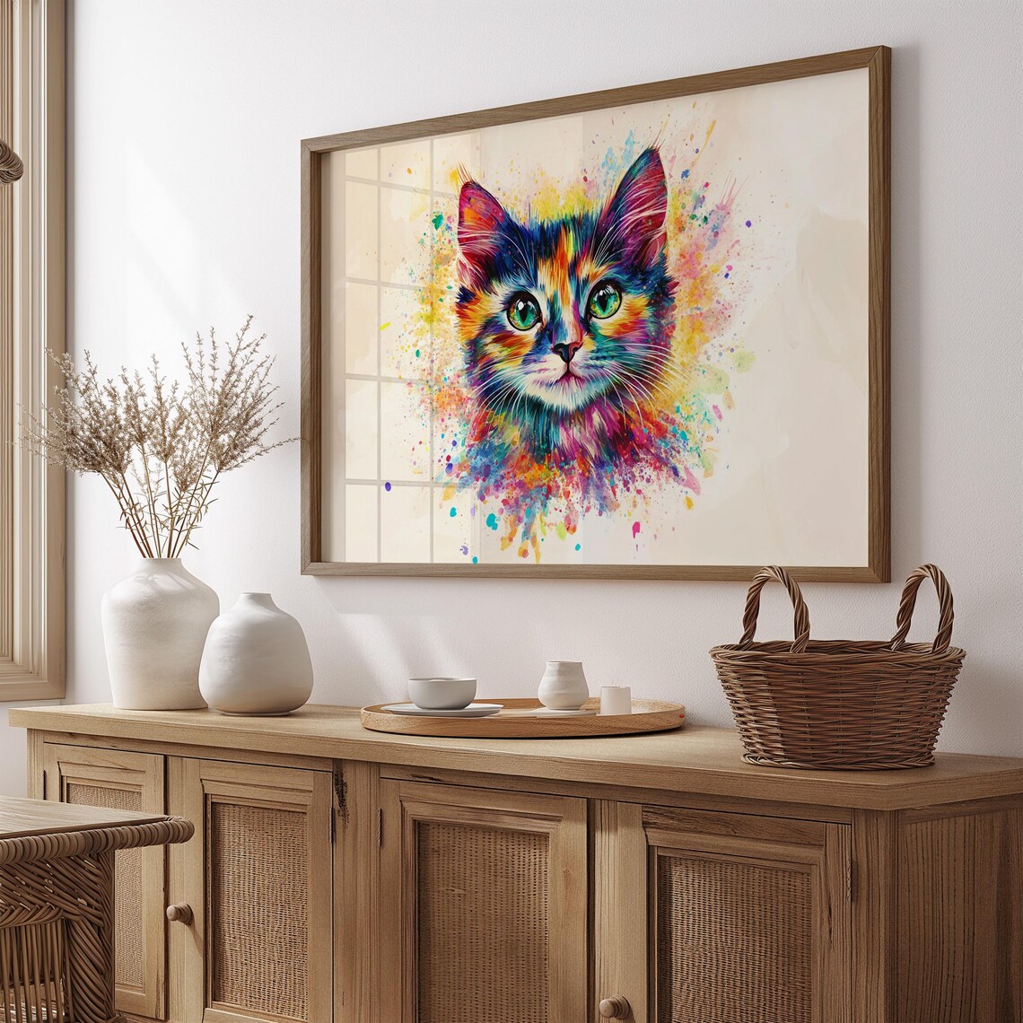 Watercolor Splash Kitten Face Multicolor Paint Drops Cute Cat Art Poster