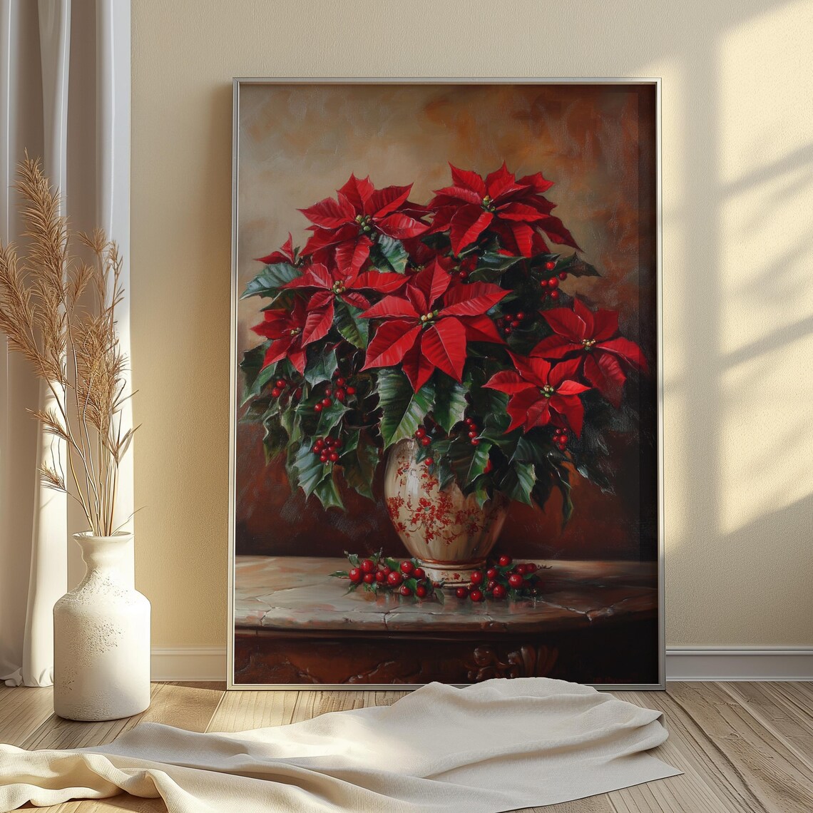 Red Poinsettia Holly Cream Vase Marble Table Christmas Poster - Image 3