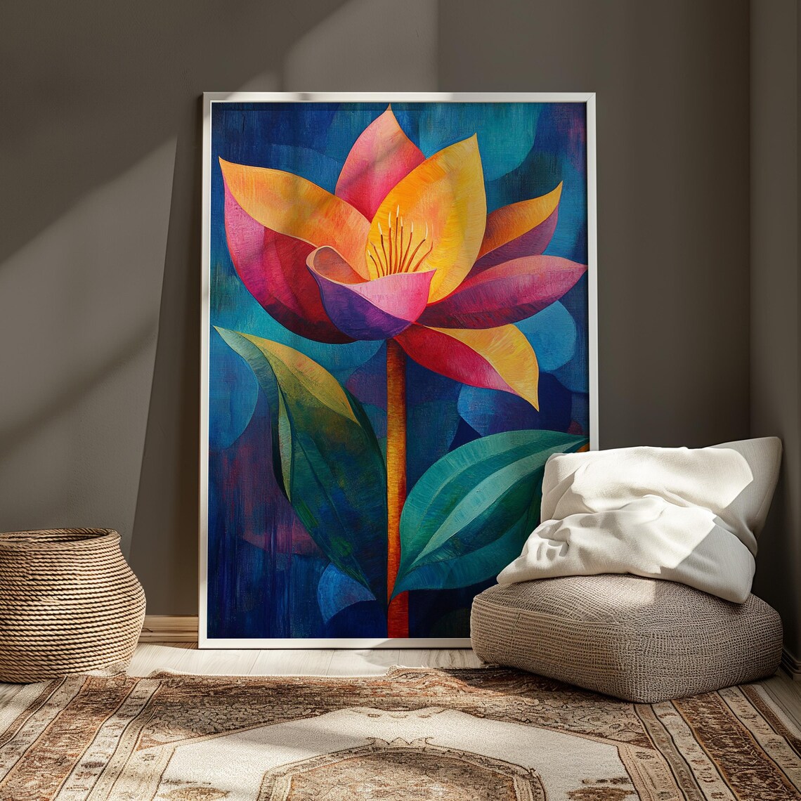 Pink Orange Lotus Bloom Dark Teal Leaf Floral Painting Poster - Image 3