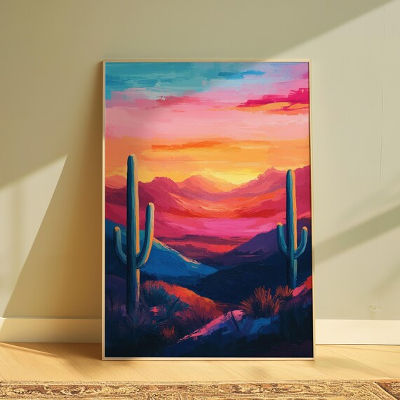 Saguaro Cactus Desert Sunset Pink Orange Sky Landscape Art Poster