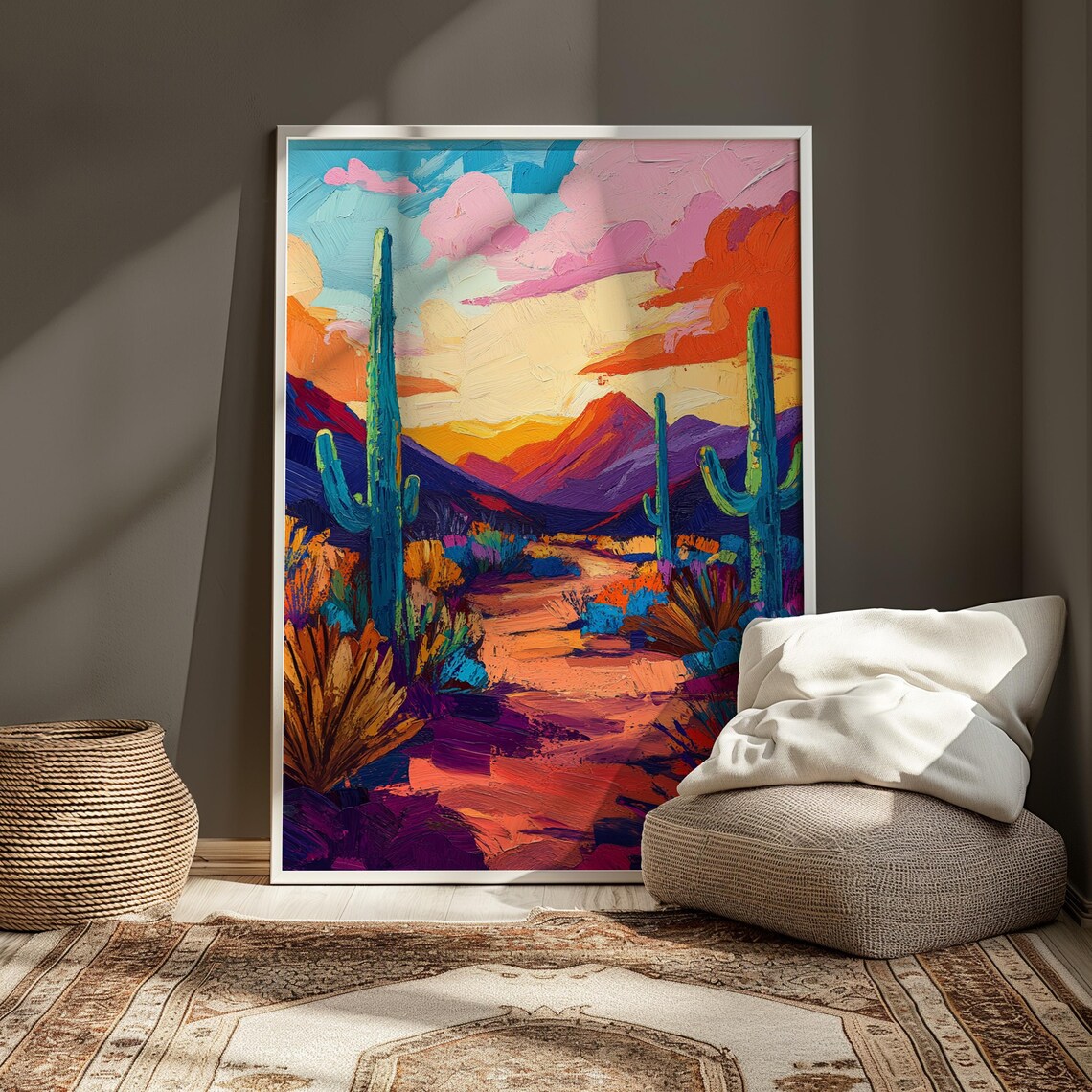 Desert Trail Sunset Saguaro Cacti Dramatic Clouds Southwest Landscape Poster - Image 3