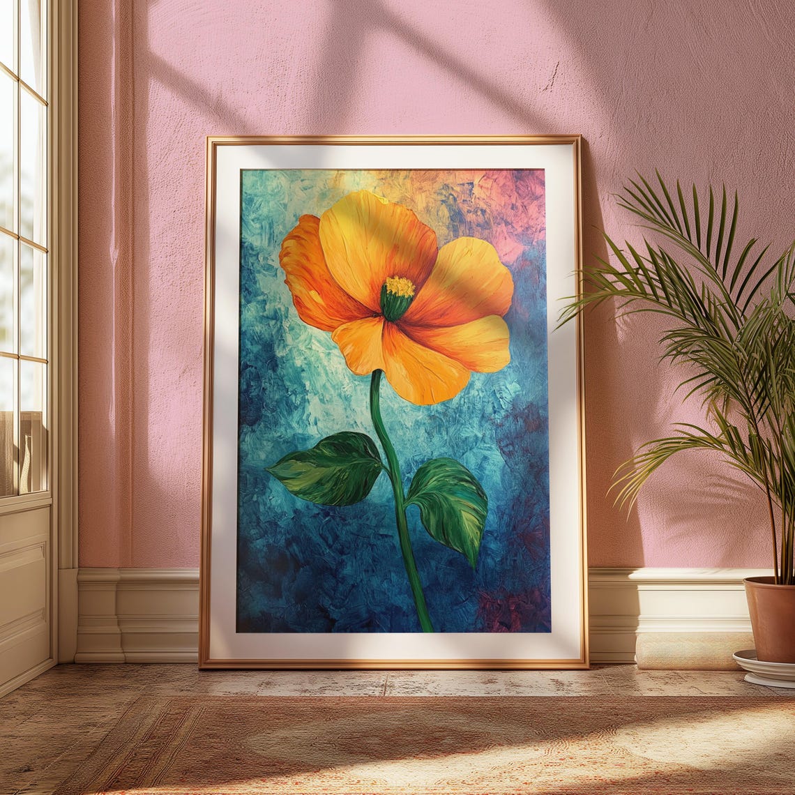 Golden Orange Poppy Bloom Textured Teal Background Floral Art Poster - Image 2