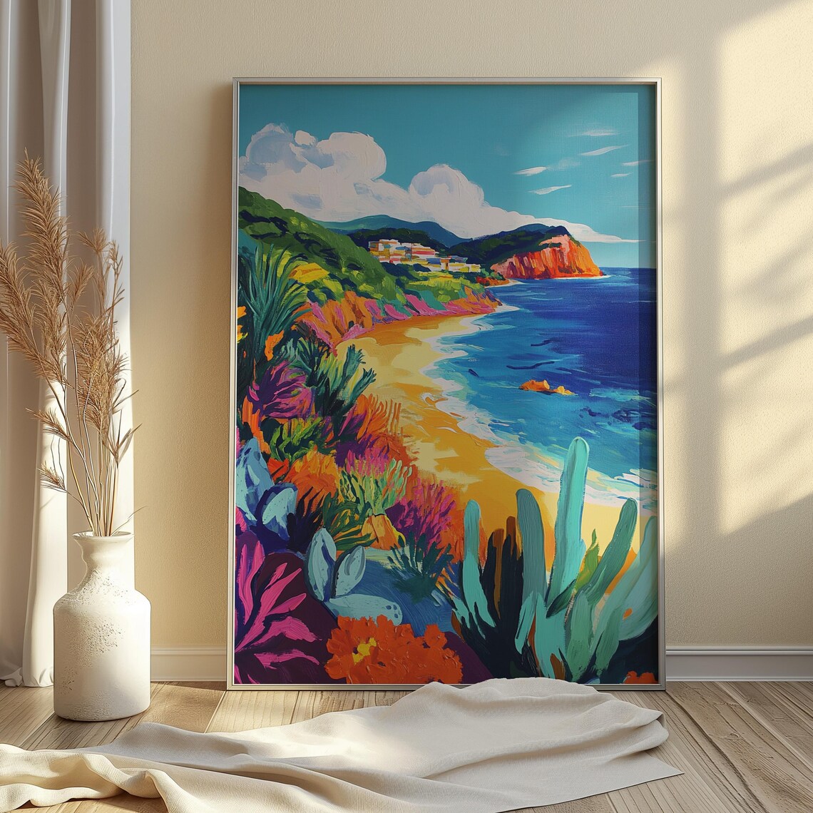 Colorful Coastal Beach Golden Sand Blue Sea Green Hills Cliff View Landscape Poster - Image 3