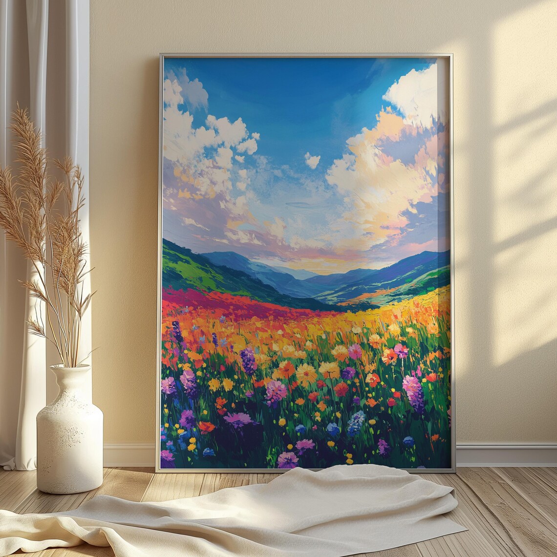 Rainbow Wildflower Meadow Blue Mountains Cloudy Sky Panoramic Landscape Poster - Image 4