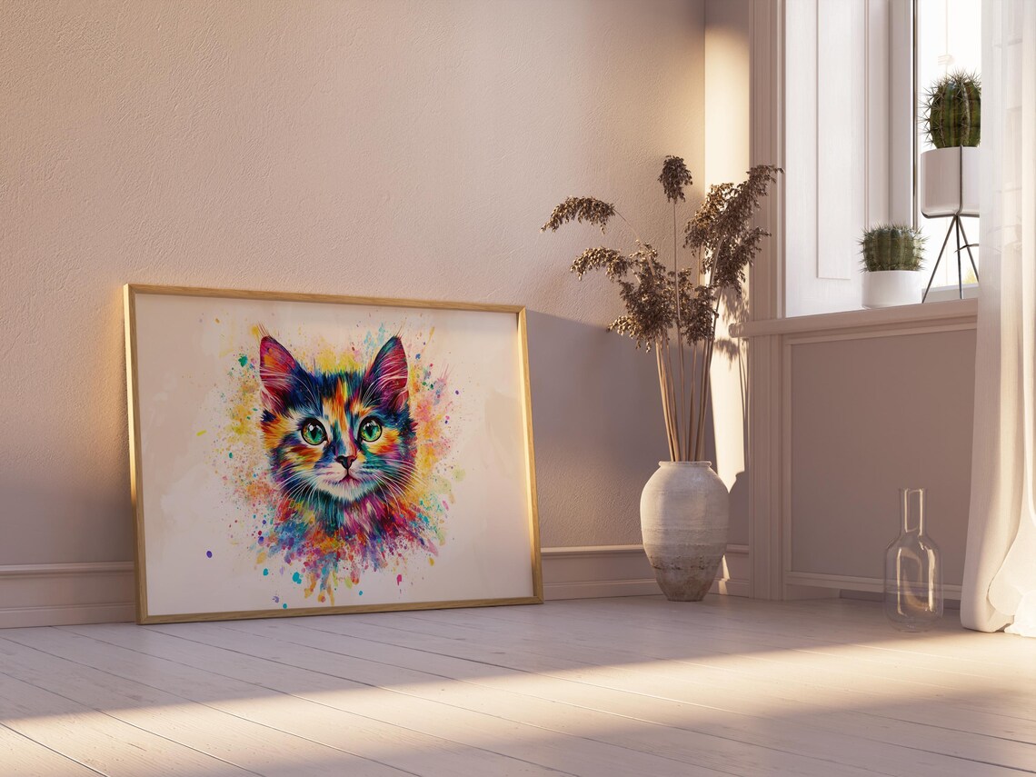 Watercolor Splash Kitten Face Multicolor Paint Drops Cute Cat Art Poster - Image 2