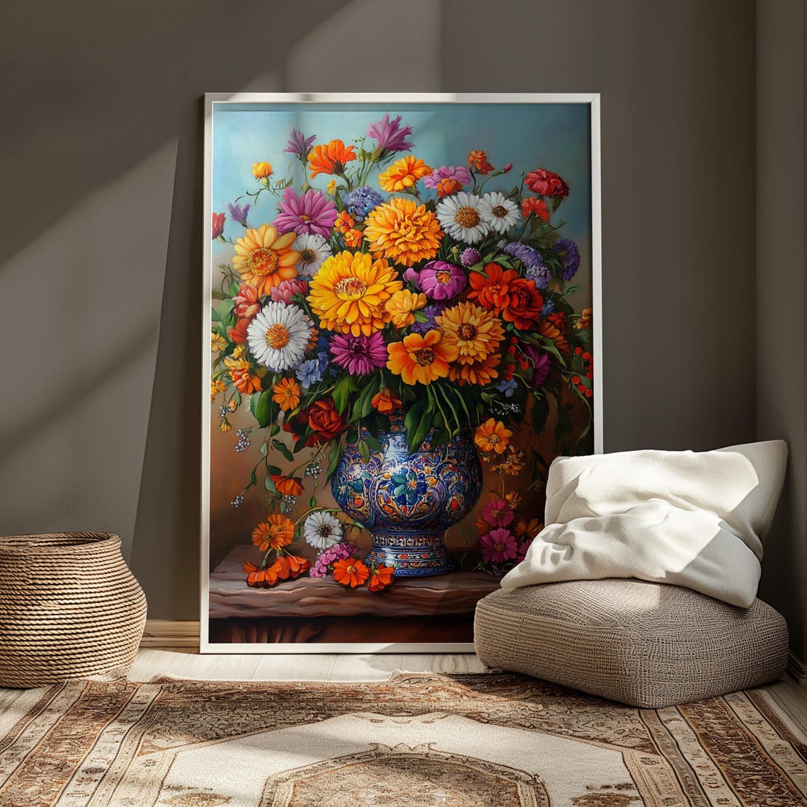 Wildflower Garden Bouquet Blue Talavera Vase Rustic Ledge Warm Poster - Image 4
