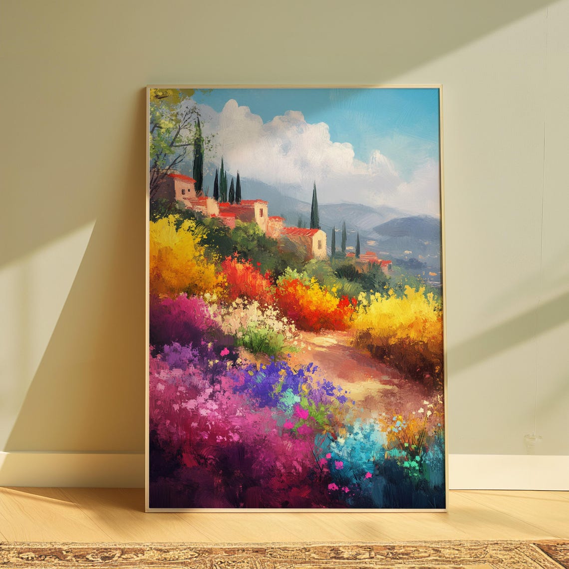 Hillside Village Flower Garden Cypress Trees Mountain View Art Print