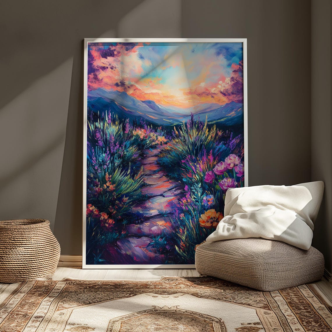 Wildflower Meadow Path Mountain Sunset Impressionist Art Poster - Image 3