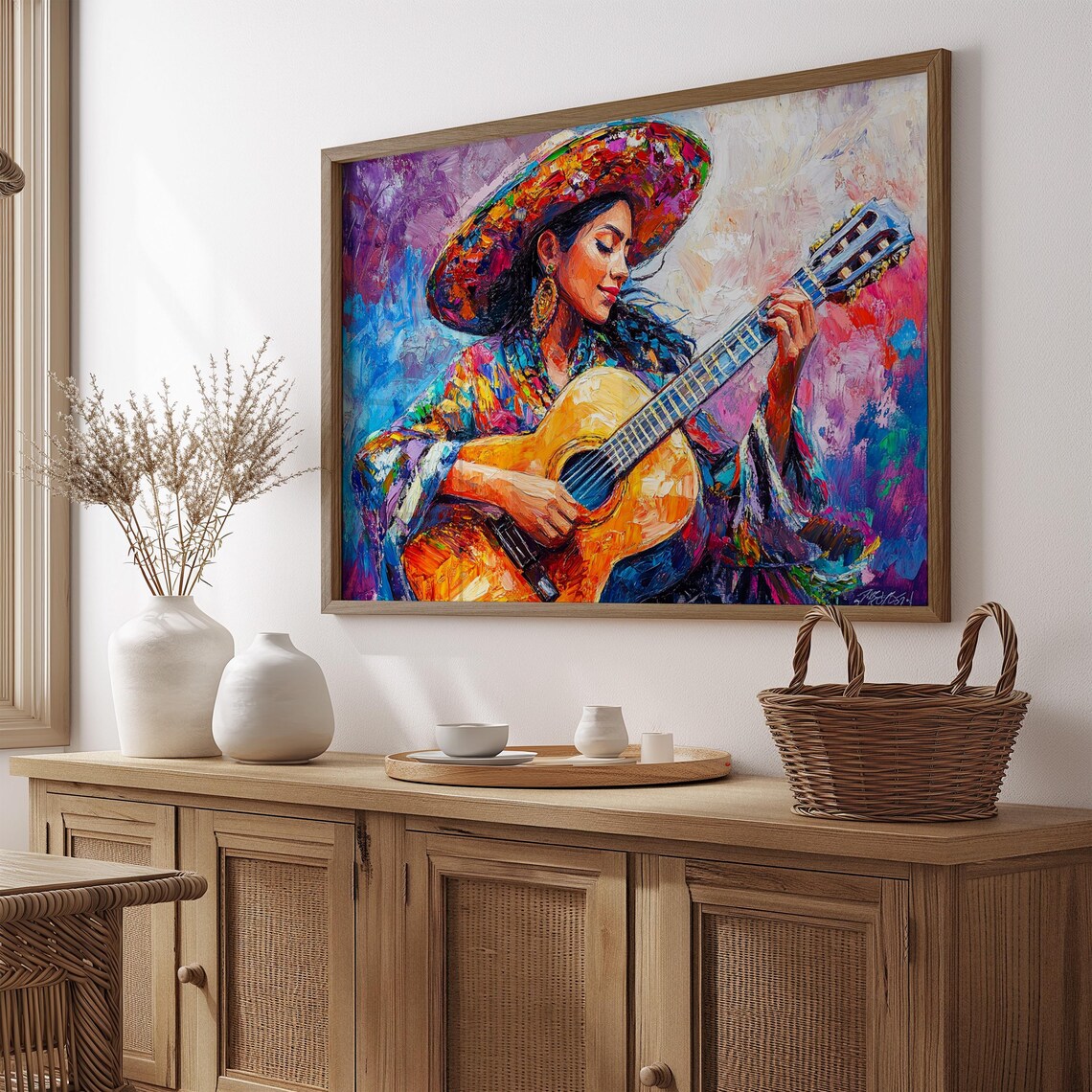 Mexican Guitar Player Painting Sombrero Woman Music Palette Knife Wall Art