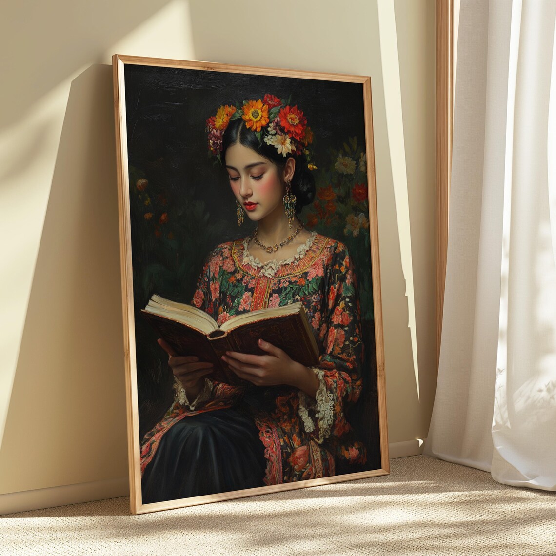 Woman Reading Book Floral Dress Flower Crown Dark Romantic Oil Poster - Image 4