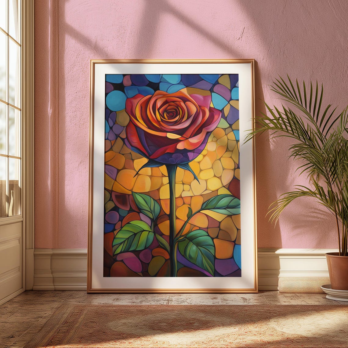 Red Purple Rose Stained Glass Mosaic Warm Glow Floral Poster - Image 2