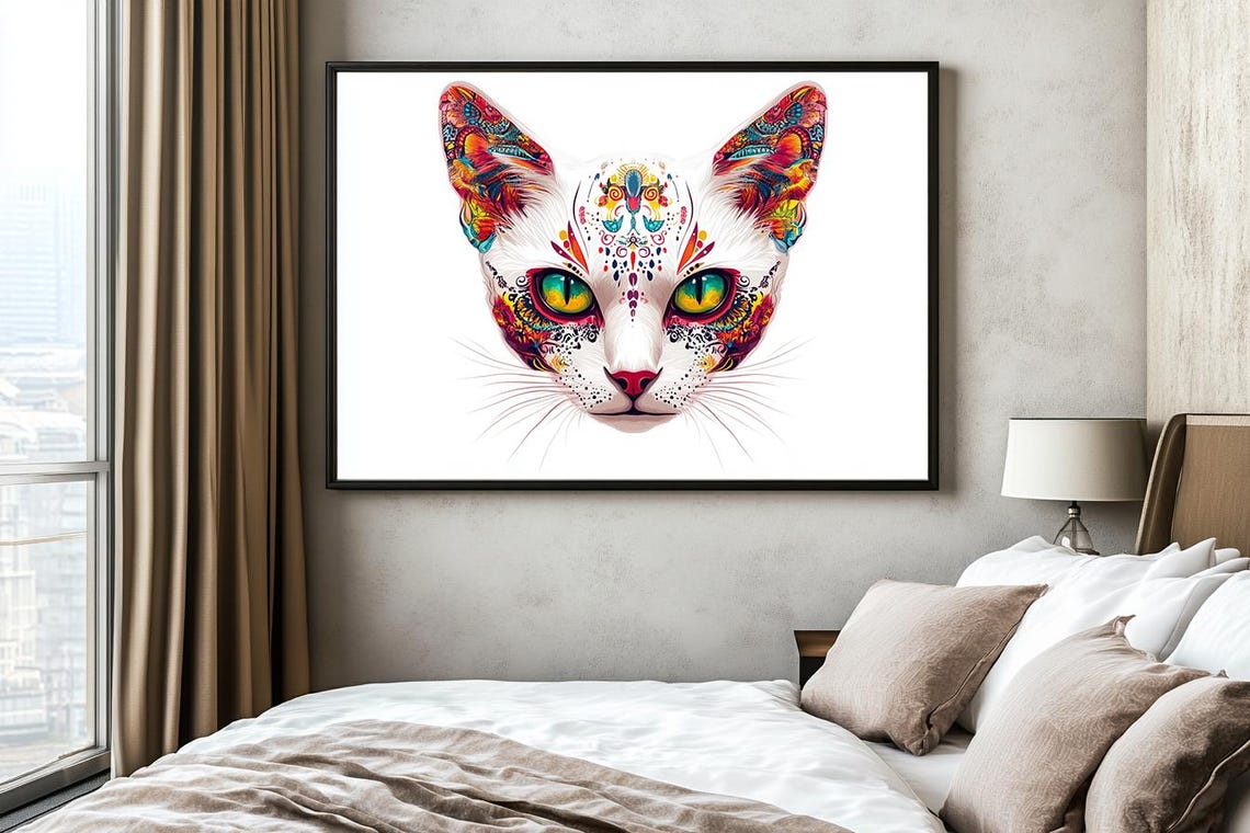 White Cat With Green Eyes Sugar Skull Floral Patterns Poster - Image 2
