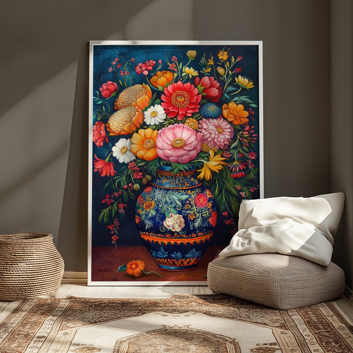 Lush Zinnia Dahlia Bouquet Ornate Blue Mexican Vase Teal Floral Poster - Image 4