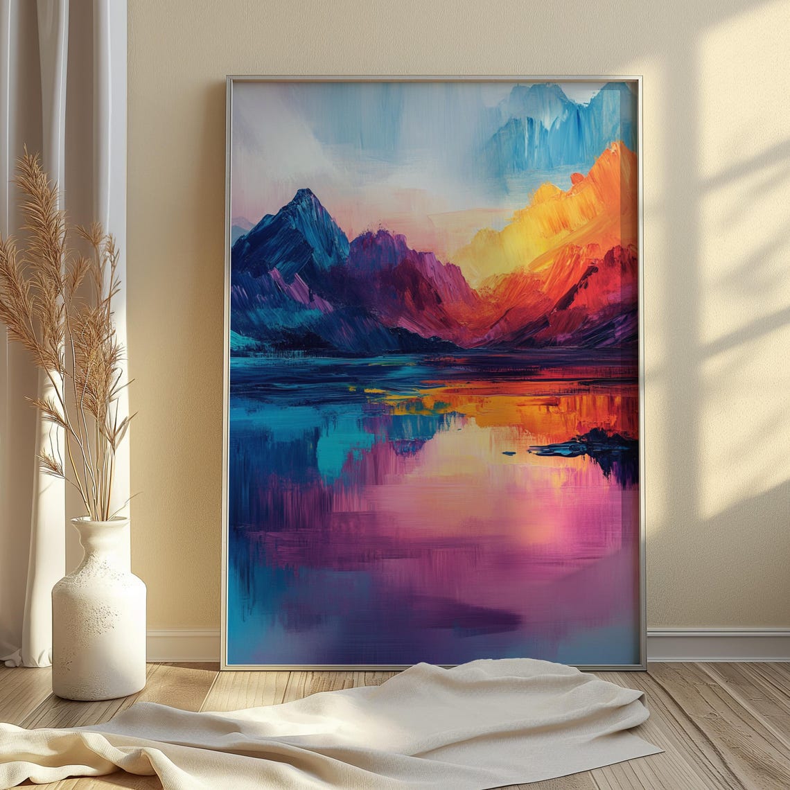 Abstract Mountain Lake Sunset Reflection Bold Color Art Print - Image 4