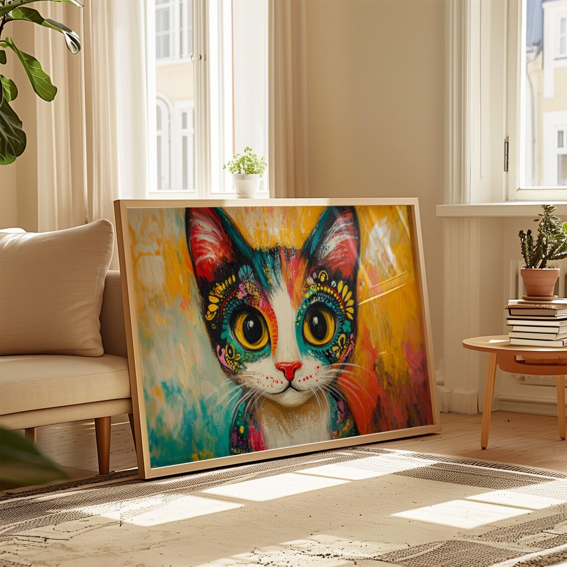 Calico Kitten Golden Background Folk Art Eye Patterns Sweet Cat Art Poster - Image 4