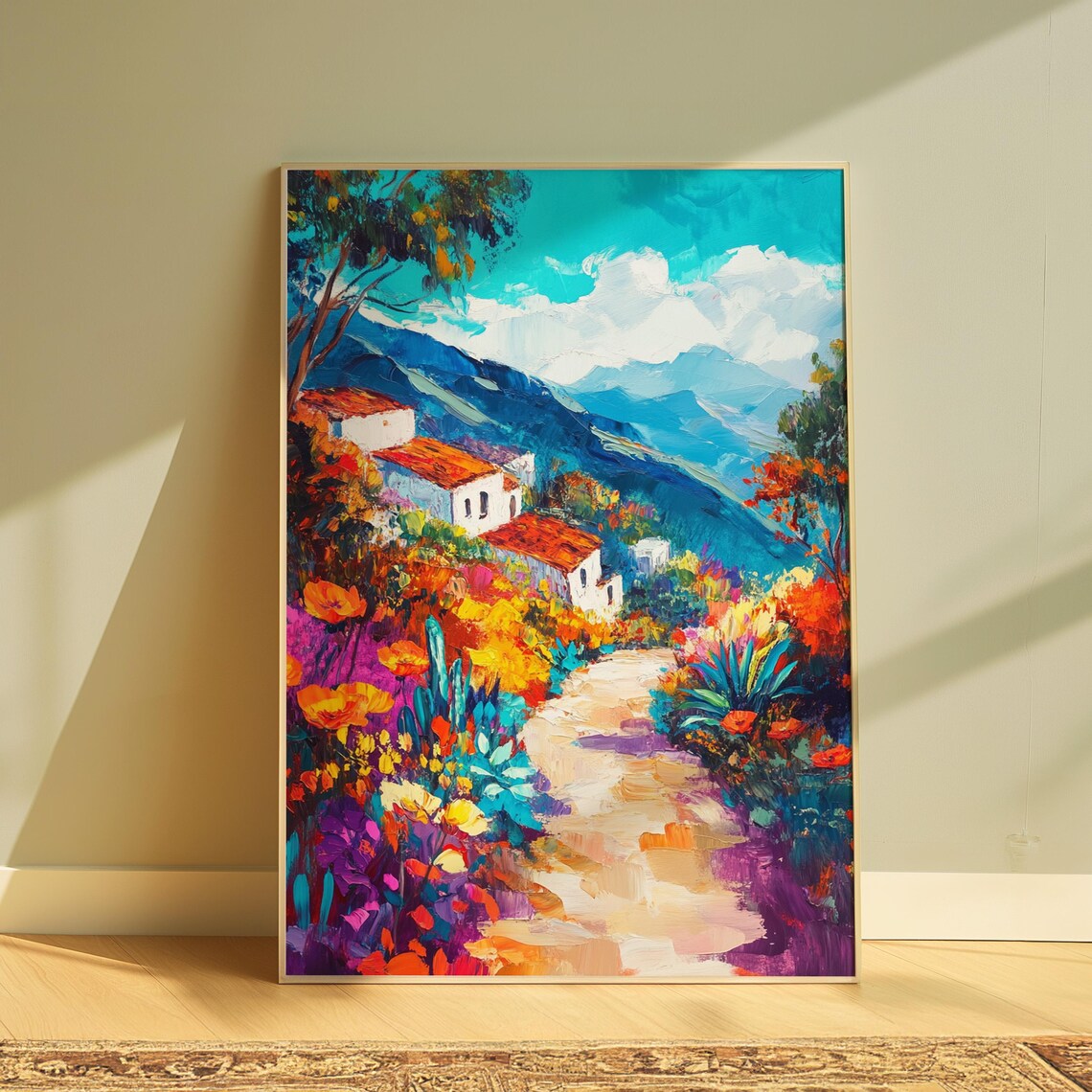 Hillside Houses Colorful Flower Garden Path Blue Mountain Art Print