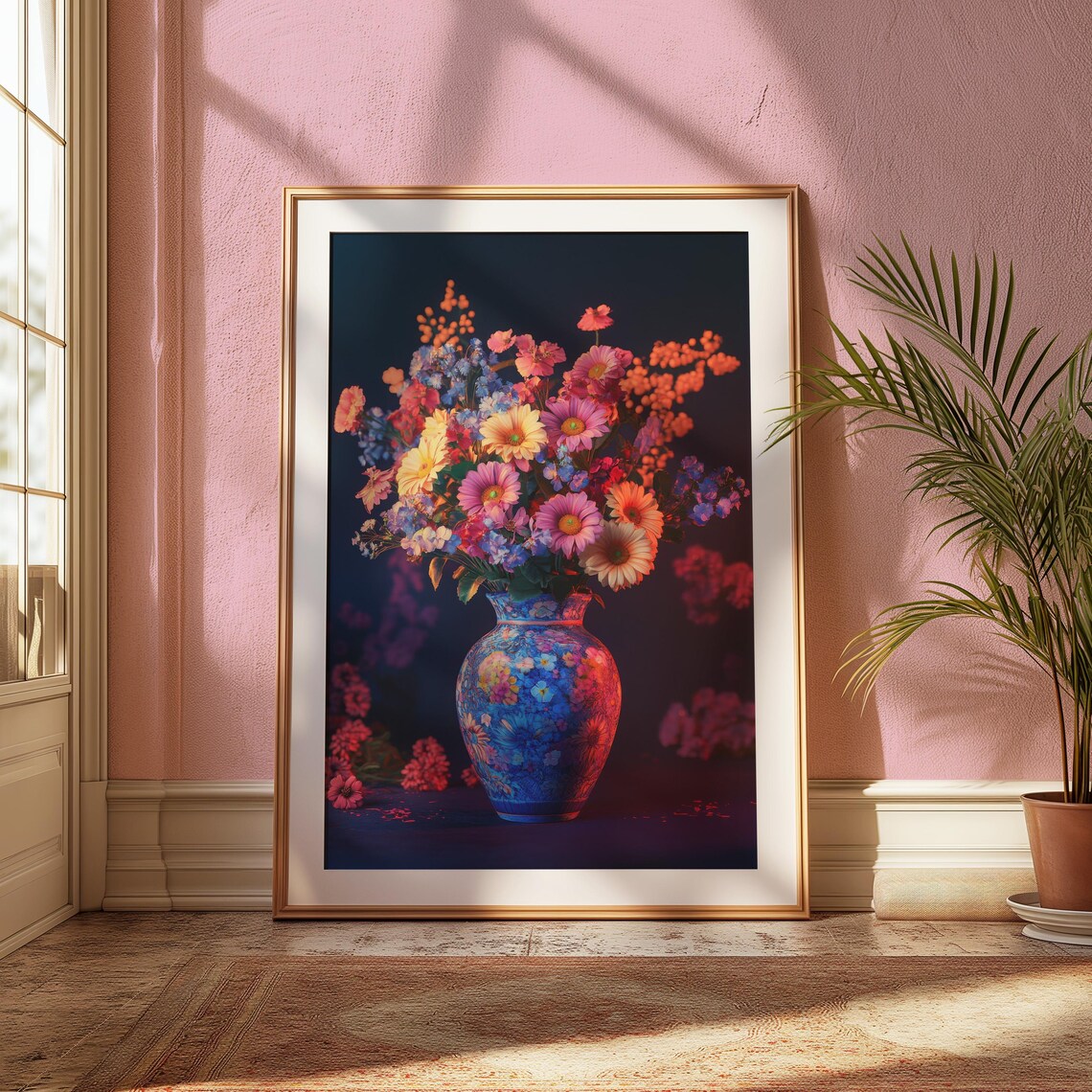 Glowing Pastel Wildflower Bouquet Blue Floral Vase Dark Moody Poster - Image 2