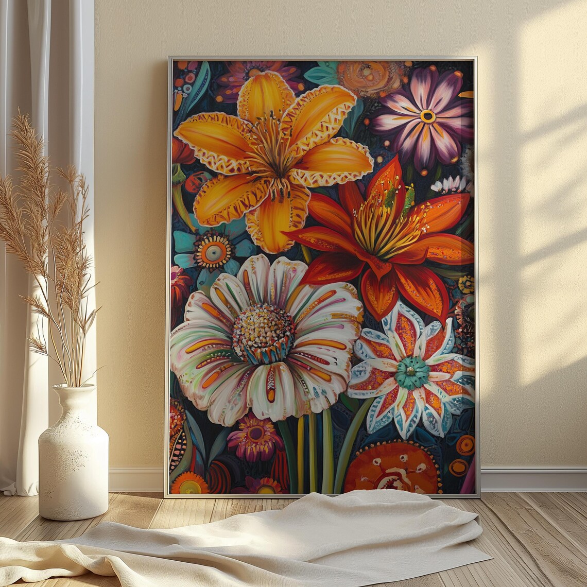 Fiery Lily Daisy Bouquet Orange Red White Floral Painting Poster - Image 4