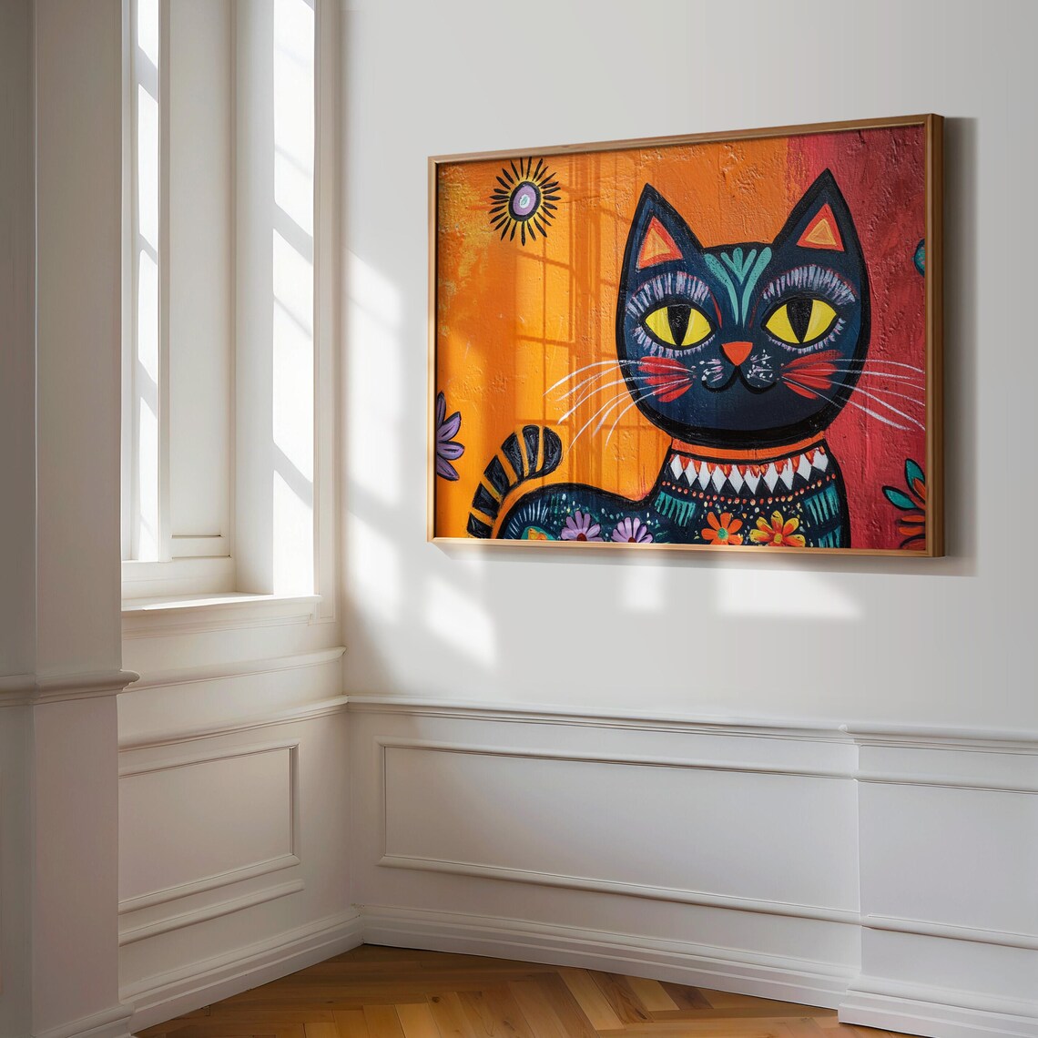 Bold Black Tribal Cat With Yellow Eyes Sun Motif Orange Poster - Image 3