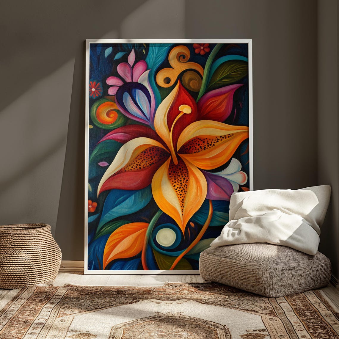 Swirling Orange Lily Teal Leaves Dark Botanical Floral Poster - Image 3