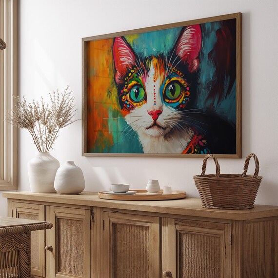 Mexican Folk Art Cat Big Green Eyes Dotted Decorative Face Poster