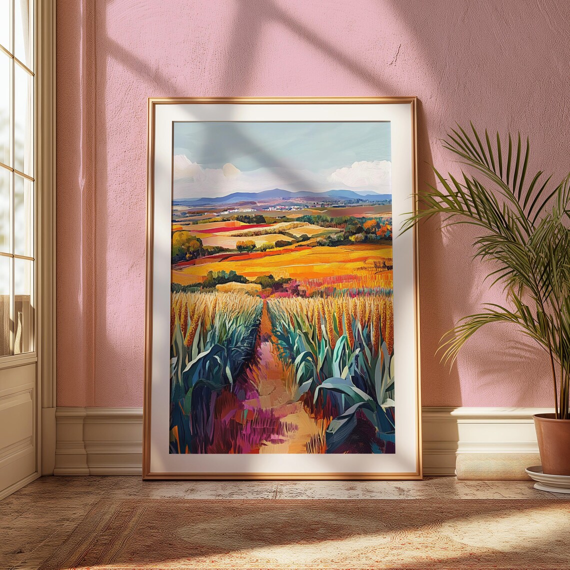Corn Rows Golden Wheat Fields Rolling Orange Farmland Distant Hills Landscape Poster - Image 2