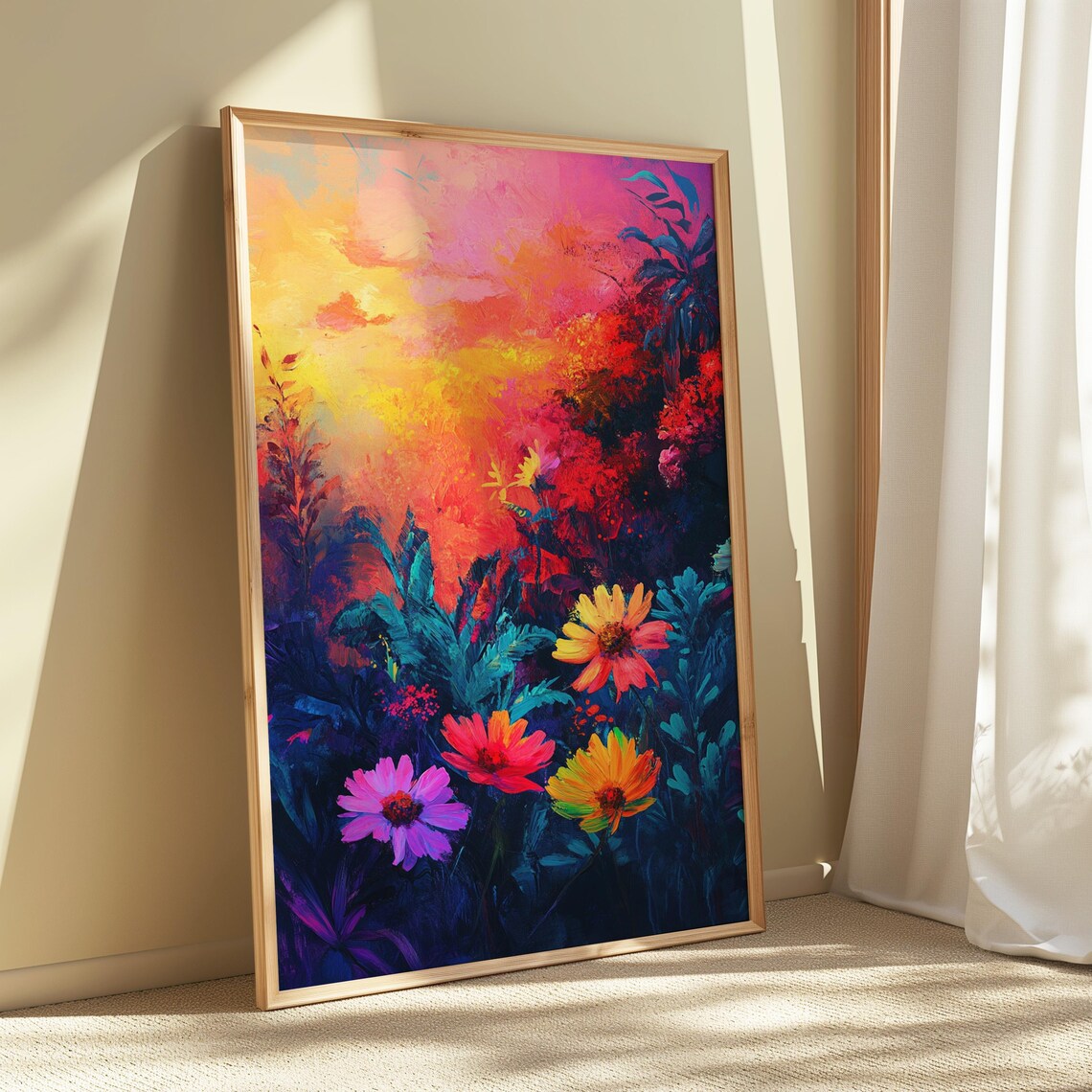 Wildflowers At Fiery Sunset Dramatic Pink Sky Colorful Floral Landscape Poster - Image 5