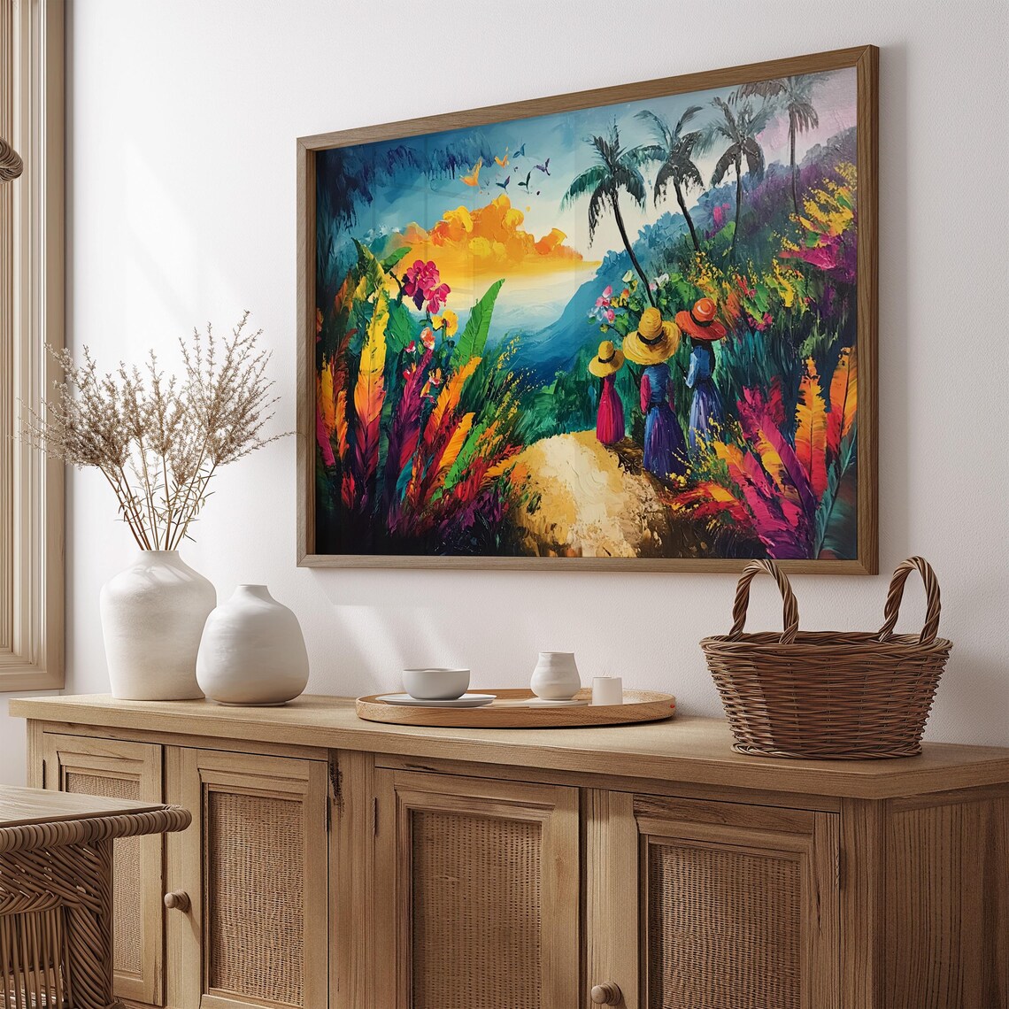 Tropical Jungle Walk Painting Women Palm Trees Ocean View Wall Art Print