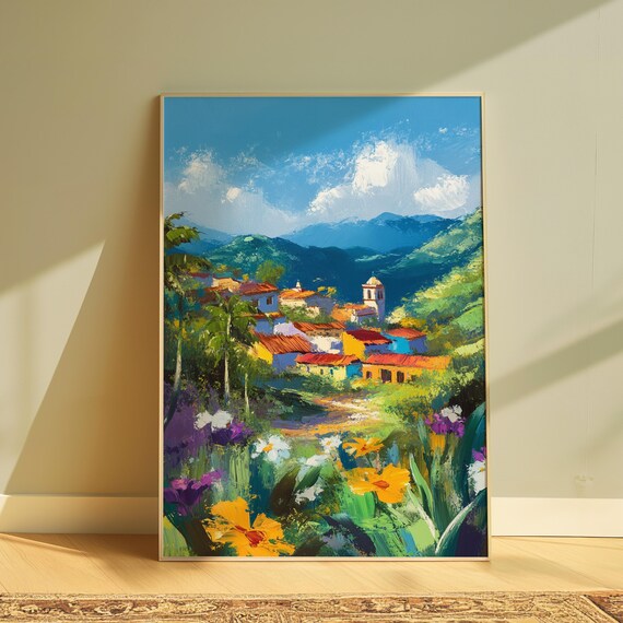 Mexican Hillside Village Red Tile Roofs Bell Tower Palms Mountain Backdrop Poster