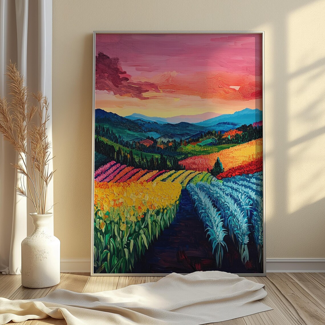 Colorful Crop Rows Pink Sunset Sky Blue Mountains Flower Field Landscape Poster - Image 4
