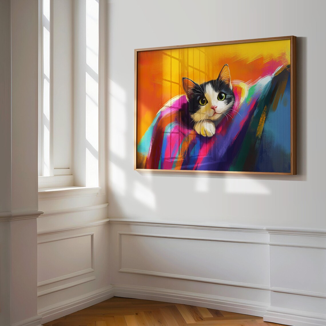 Tuxedo Kitten Wrapped in Rainbow Blanket Sunset Glow Cute Cat Art Poster - Image 3