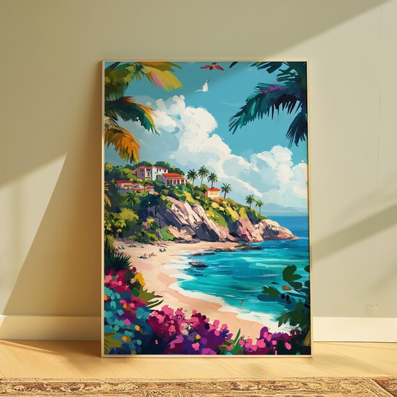 Tropical Beach Cliffside Villas Palm Fronds Turquoise Sea Travel Poster