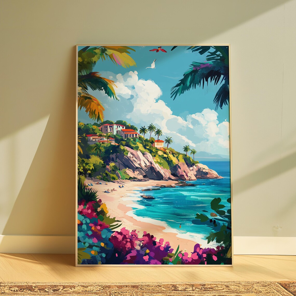 Tropical Beach Cliffside Villas Palm Fronds Turquoise Sea Travel Poster