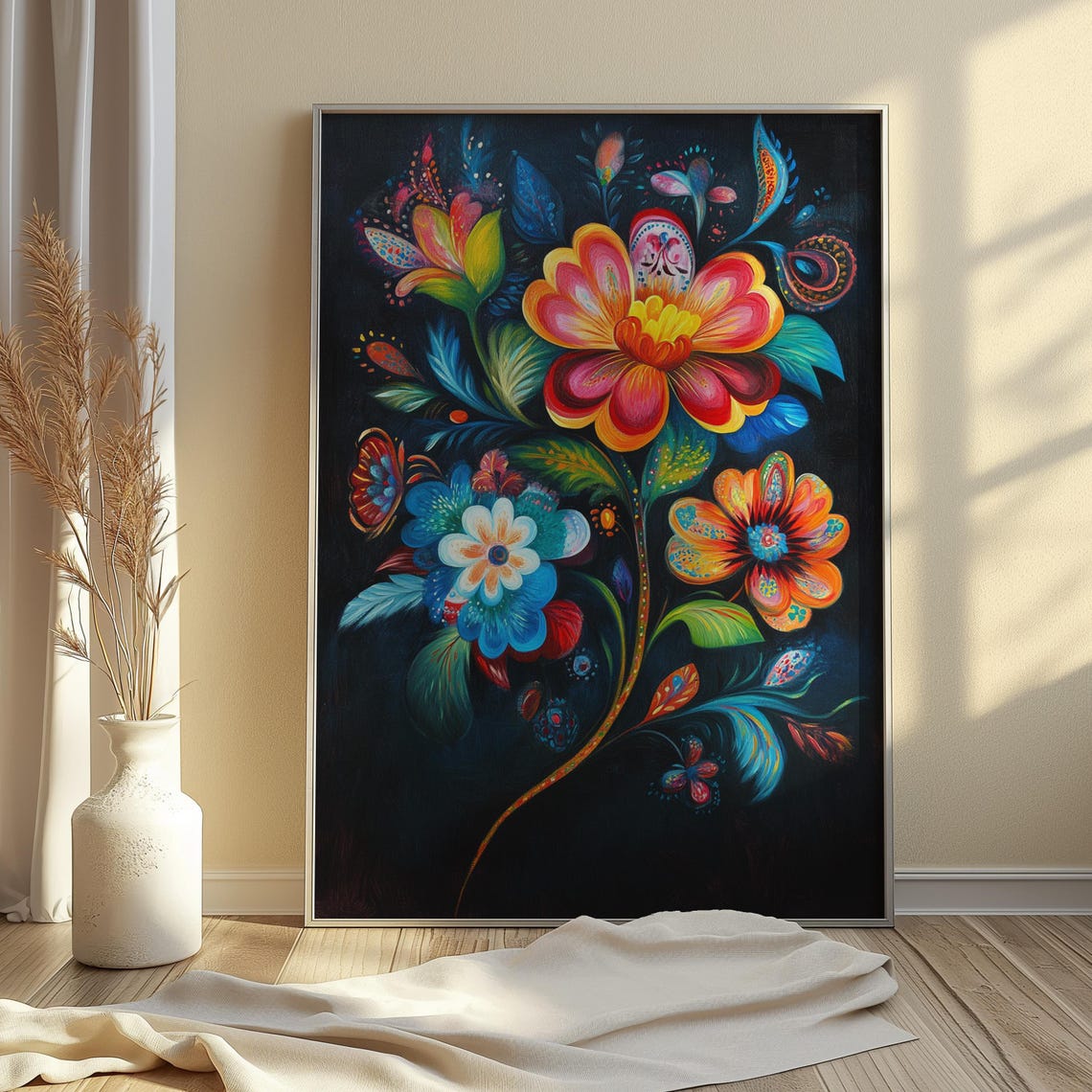 Neon Glow Blossoms Red Orange Teal Black Night Floral Poster - Image 4