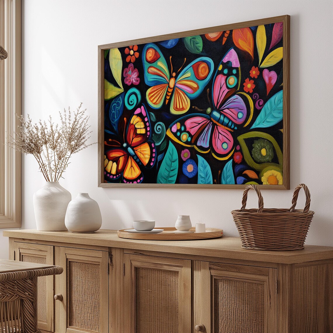 Bold Folk Art Butterflies Teal Orange Pink Dramatic Black Night Poster