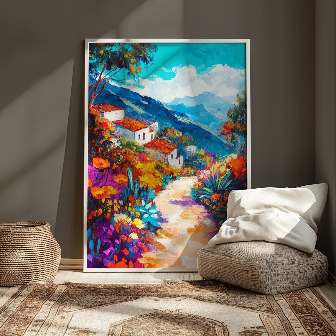 Hillside Houses Colorful Flower Garden Path Blue Mountain Art Print - Image 3
