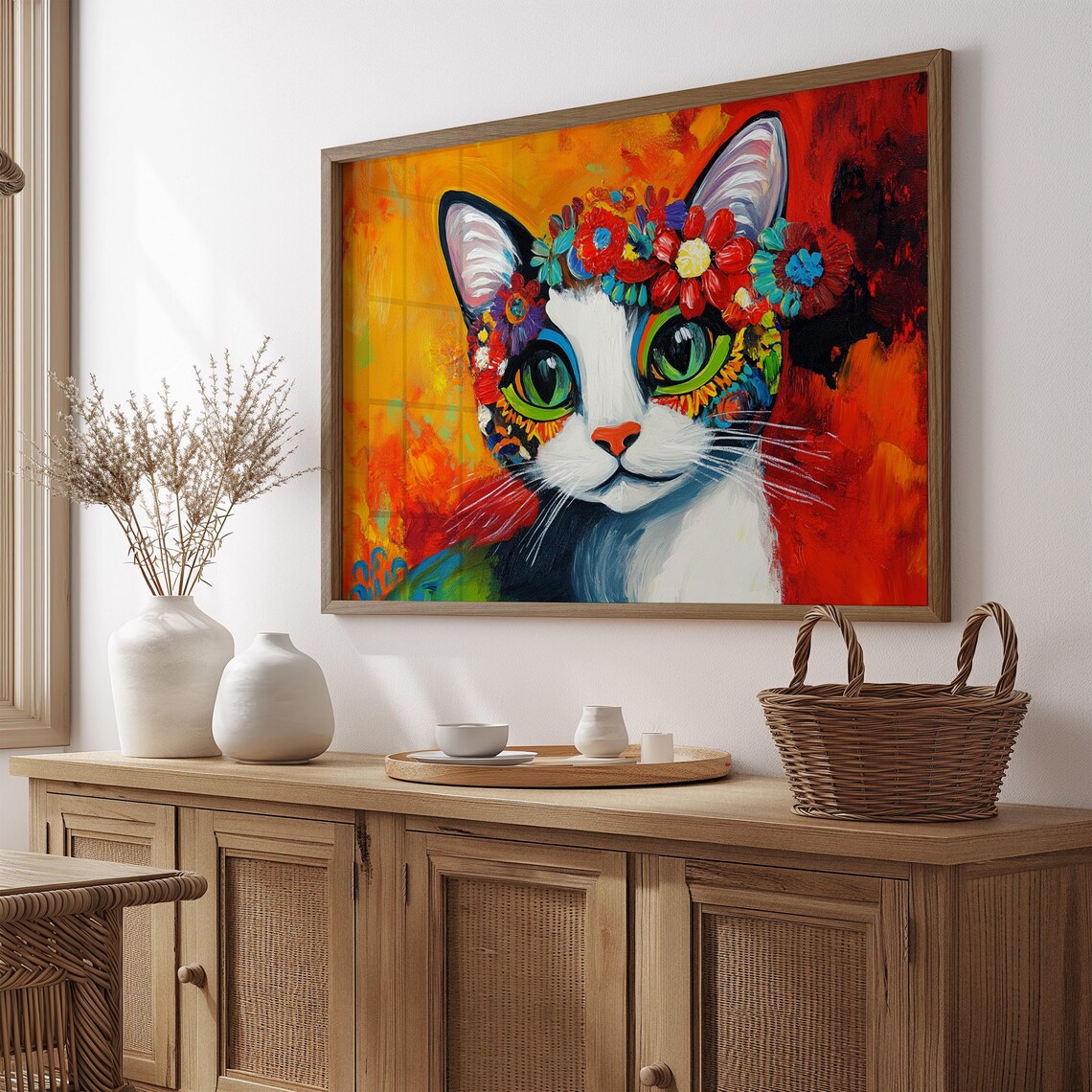 Tuxedo Cat Wearing Floral Crown Frida Style Green Eyes Red Art Poster