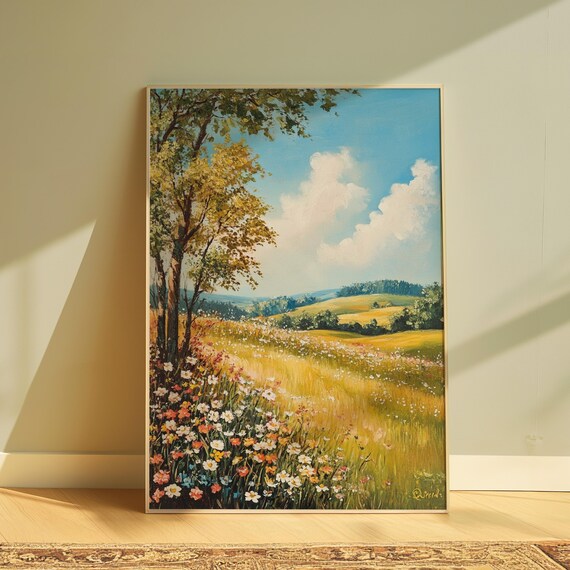 Summer Meadow Wildflower Field Golden Hills Blue Sky Cloud Landscape Poster