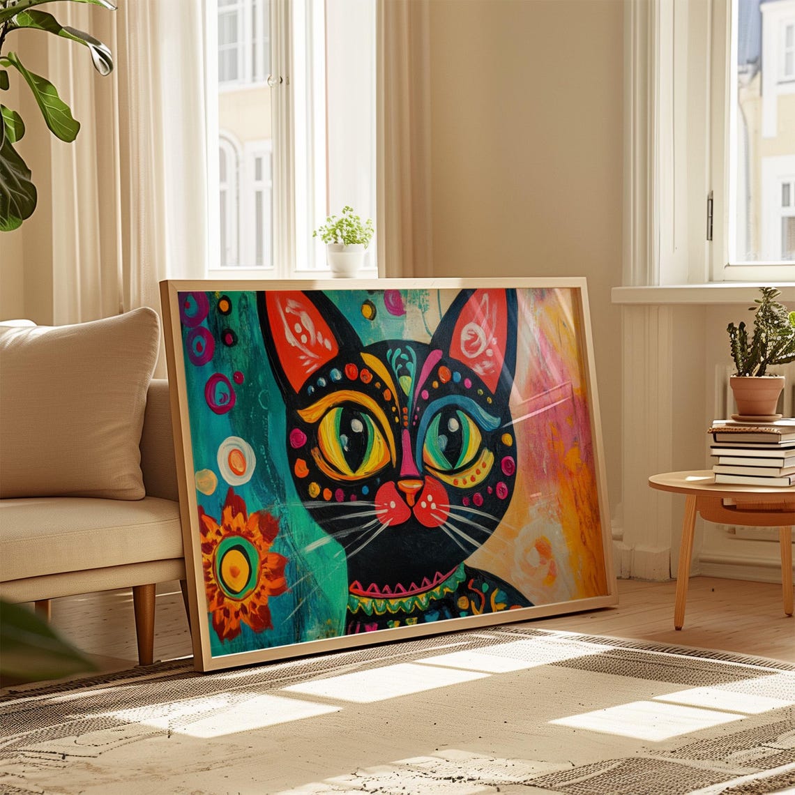 Black Cat With Green Eyes Red Cheek Patterns Bold Folk Poster - Image 4