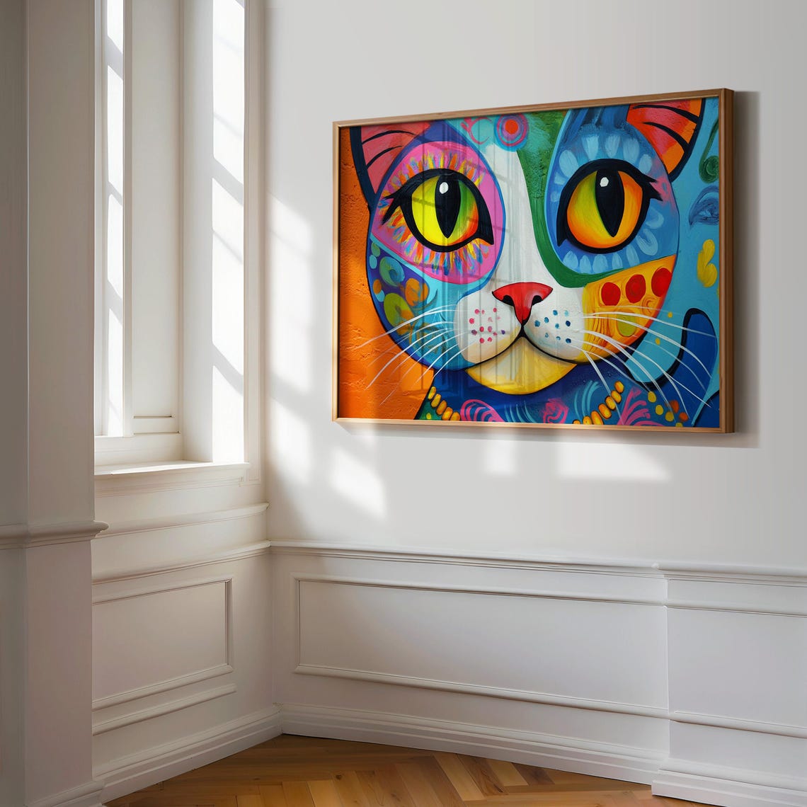 Whimsical Cat Huge Yellow Green Eyes Pink Blue Split Pattern Poster - Image 3