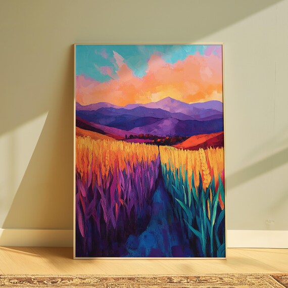 Golden Wheat Field Sunset Purple Mountains Pink Sky Art Print
