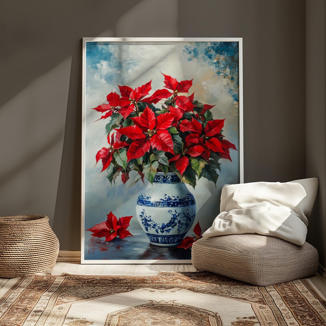 Red Poinsettia Blue Porcelain Vase Watercolor Christmas Poster - Image 4