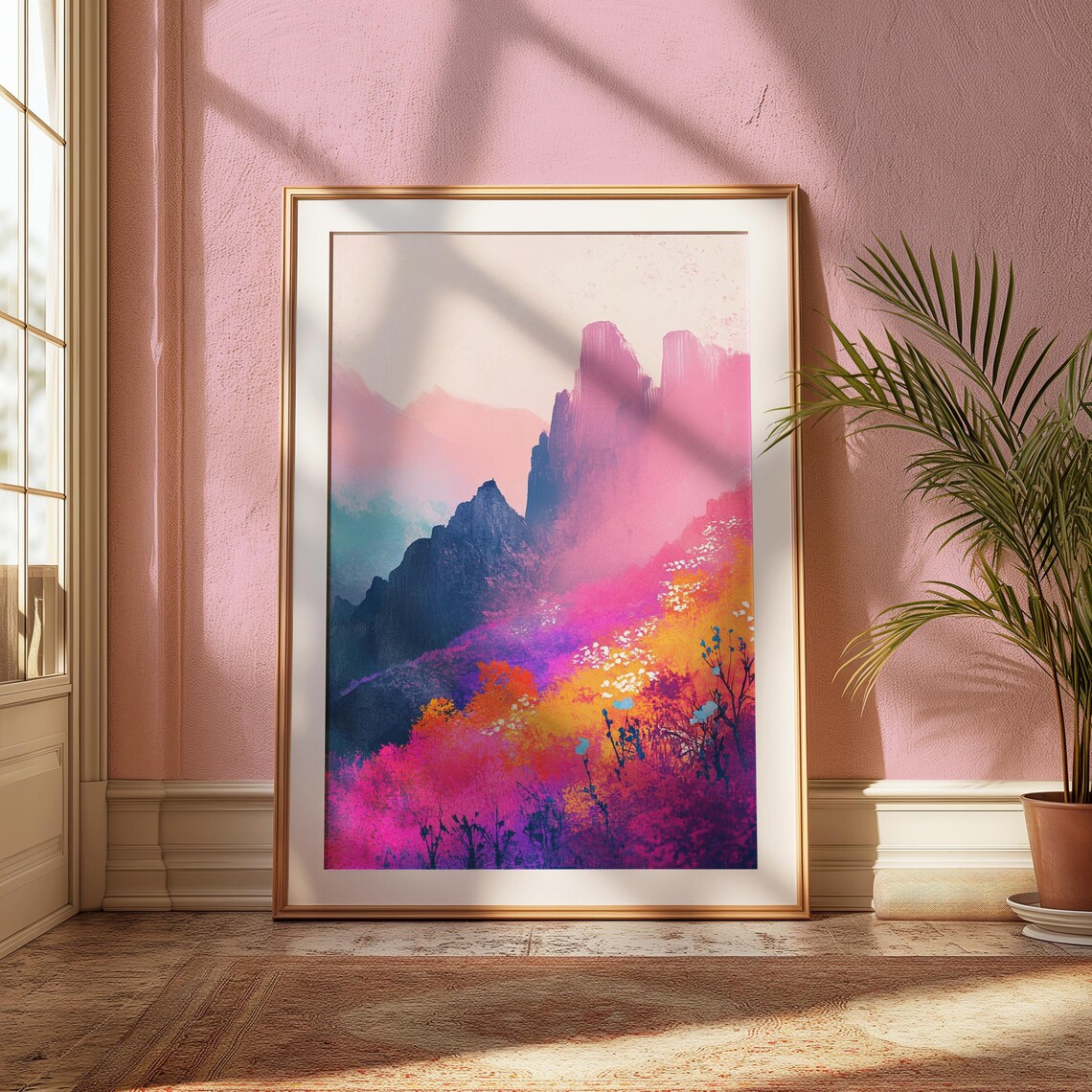 Misty Pink Mountain Cliffs Dark Peaks Dramatic Colorful Landscape Poster - Image 2